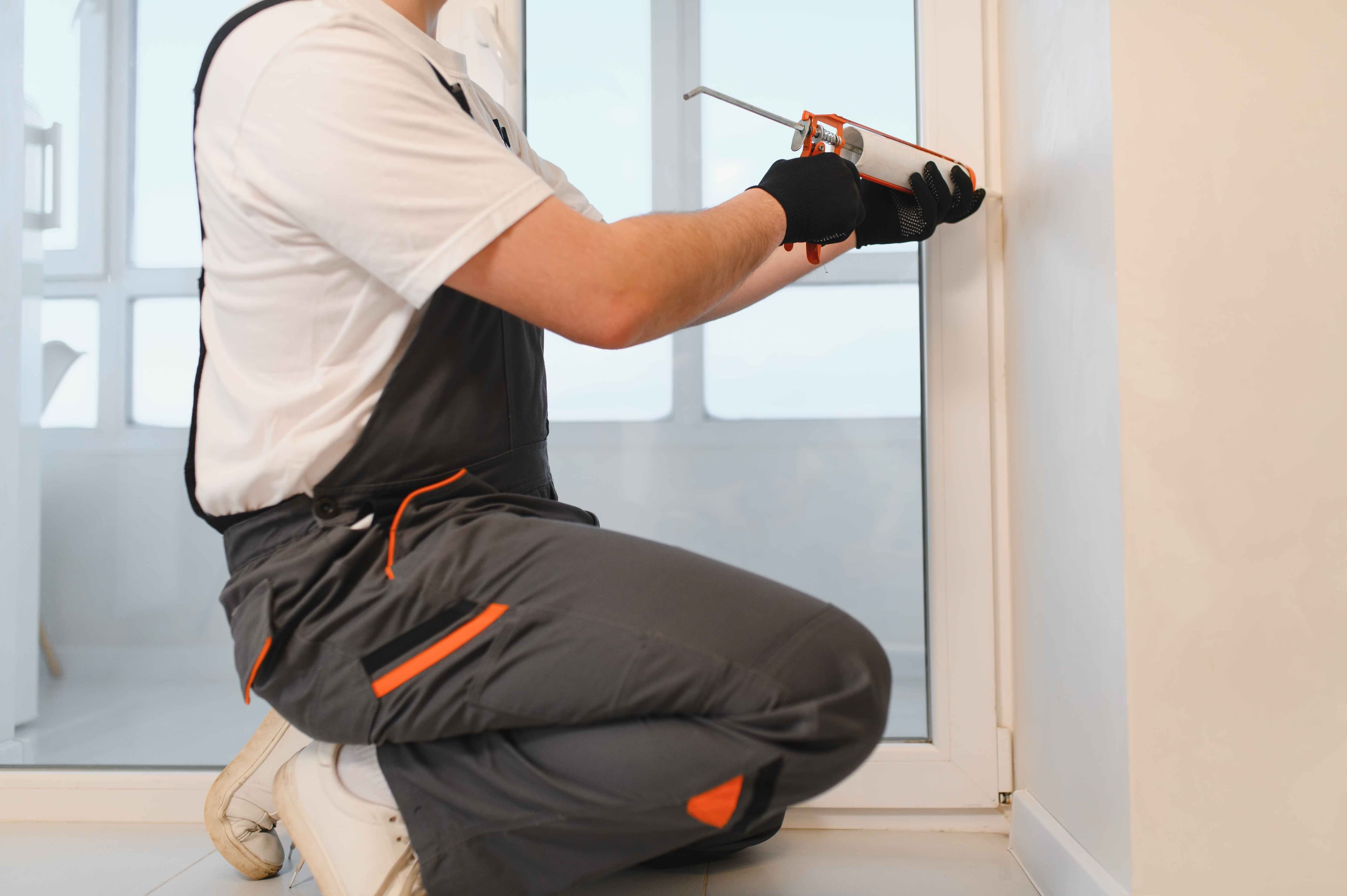 Person kneeling indoors and applying caulk with a caulking gun along the edge of a window or door frame