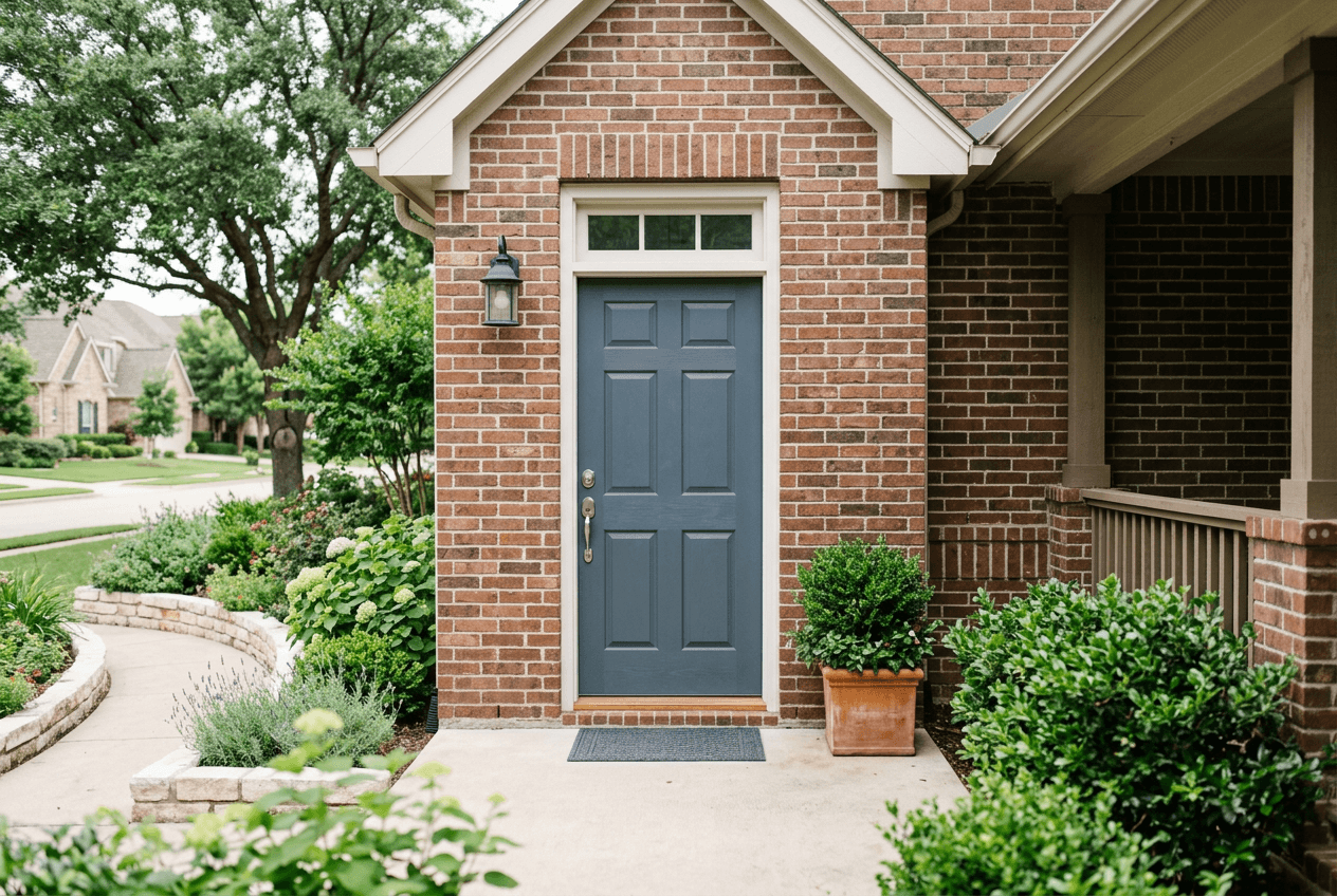 The front entry of a brick home with a blue-gray door, brushed nickel handle, concrete threshold area, and a potted shrub beside the entry
