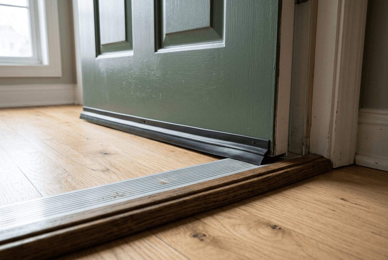 Low-angle view of the bottom of a green entry door with a black door-bottom seal resting near the threshold and wood flooring