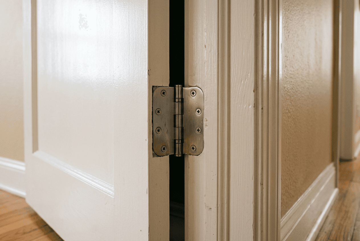 Close-up of a nickel hinge connecting a white door edge to its wood jamb, illustrating components involved in door alignment