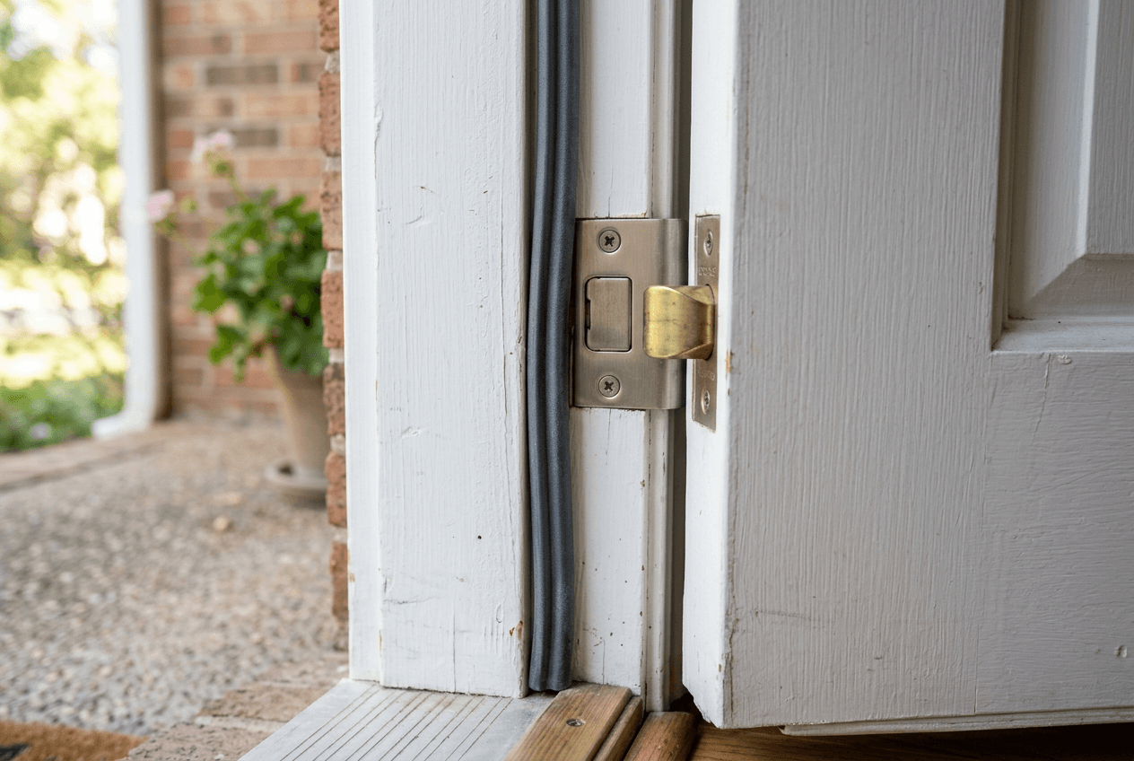 An open white entry door beside its jamb, with a dark gray flexible weatherstrip seal running down the jamb next to the latch and strike plate