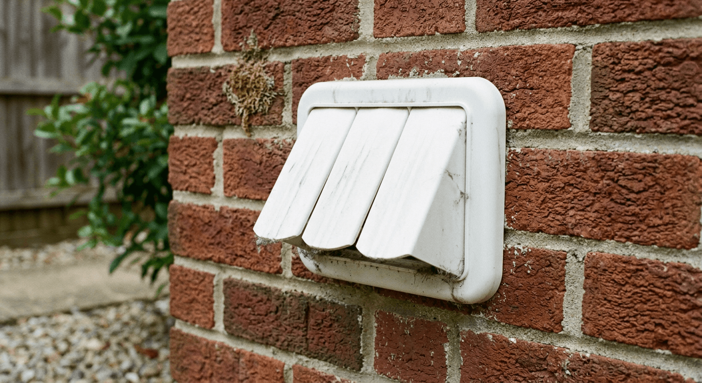 An exterior dryer exhaust hood with a louvered flap mounted on a red brick wall, with a small amount of lint around the outlet