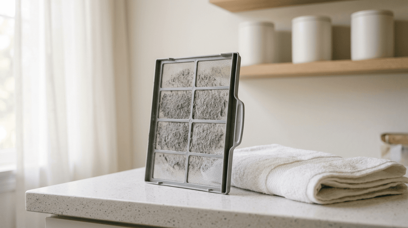 A removable dryer lint filter with a layer of gray lint across its mesh, standing on a white countertop beside a folded white towel