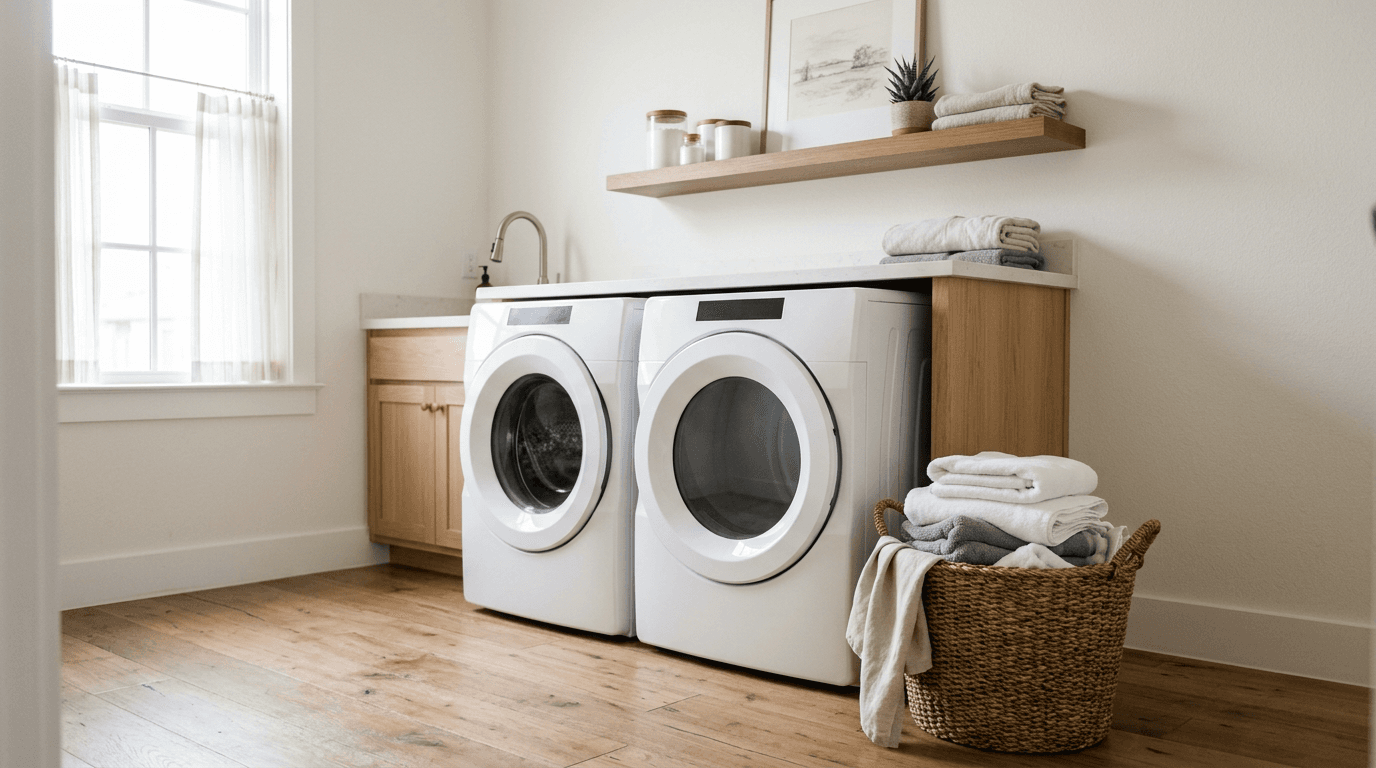 A clean residential laundry room with a white washer and dryer, a wood shelf, and a woven basket of folded towels on a wood floor