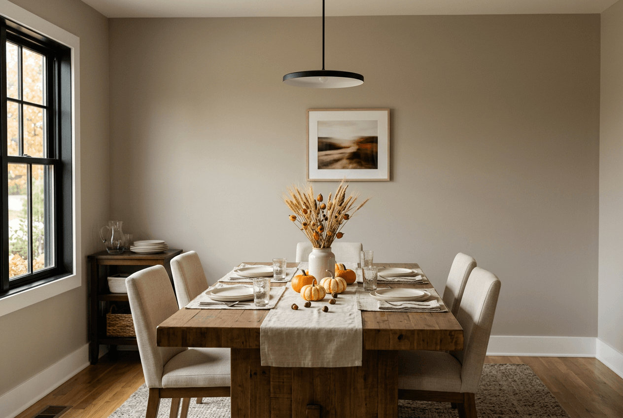 A dining room set for fall guests with a wood table, linen runner, small pumpkins and dried wheat, and an evenly painted greige wall behind it