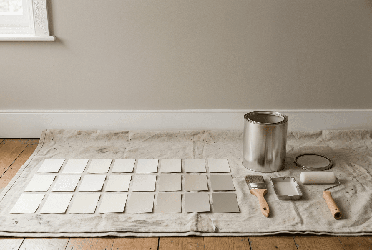 Rows of neutral paint swatch cards on a drop cloth beside a plain paint can, a brush, a small roller, and a painted wall