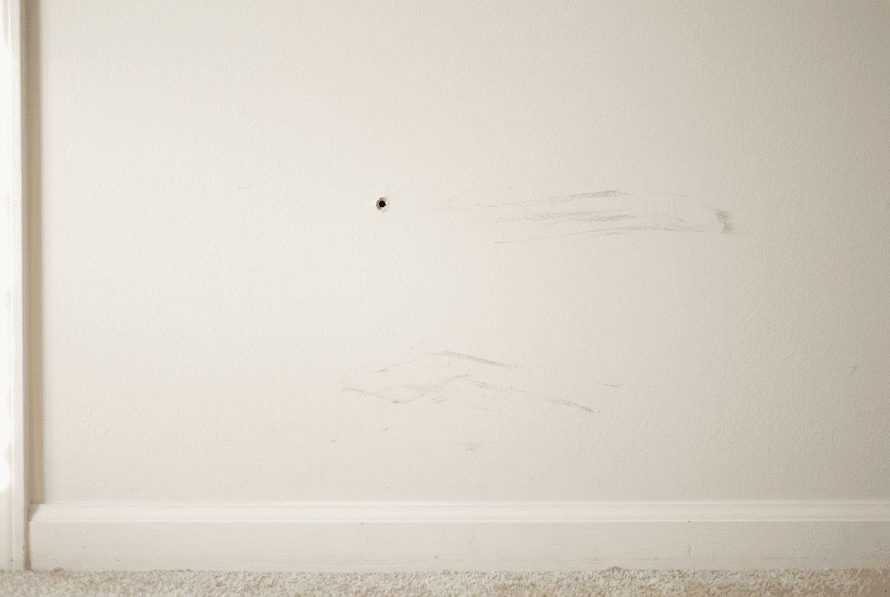 Close-up of an off-white painted interior wall with a few light scuff marks and a single small nail hole above the baseboard