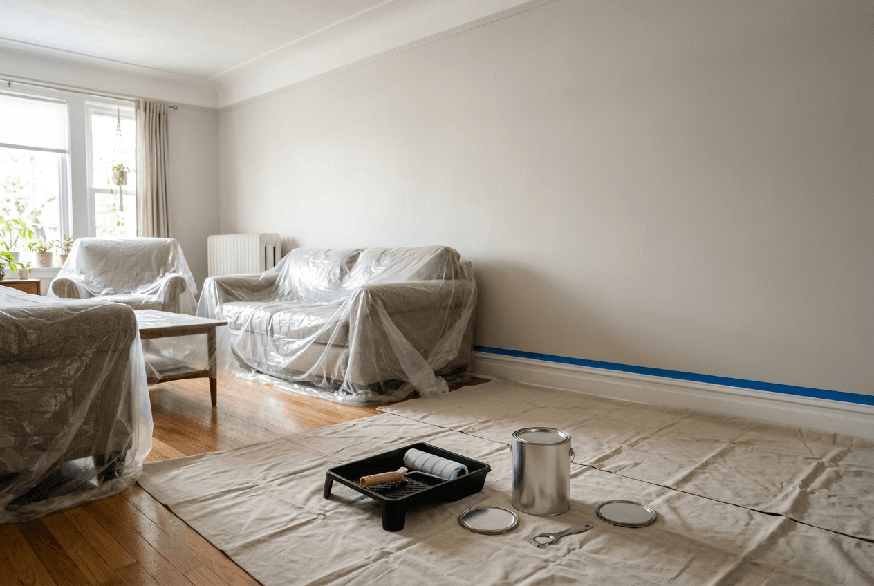 A living room prepared for painting one wall, with drop cloths on the floor, furniture covered in plastic sheeting, blue tape along the baseboard, and a roller tray beside a plain paint can