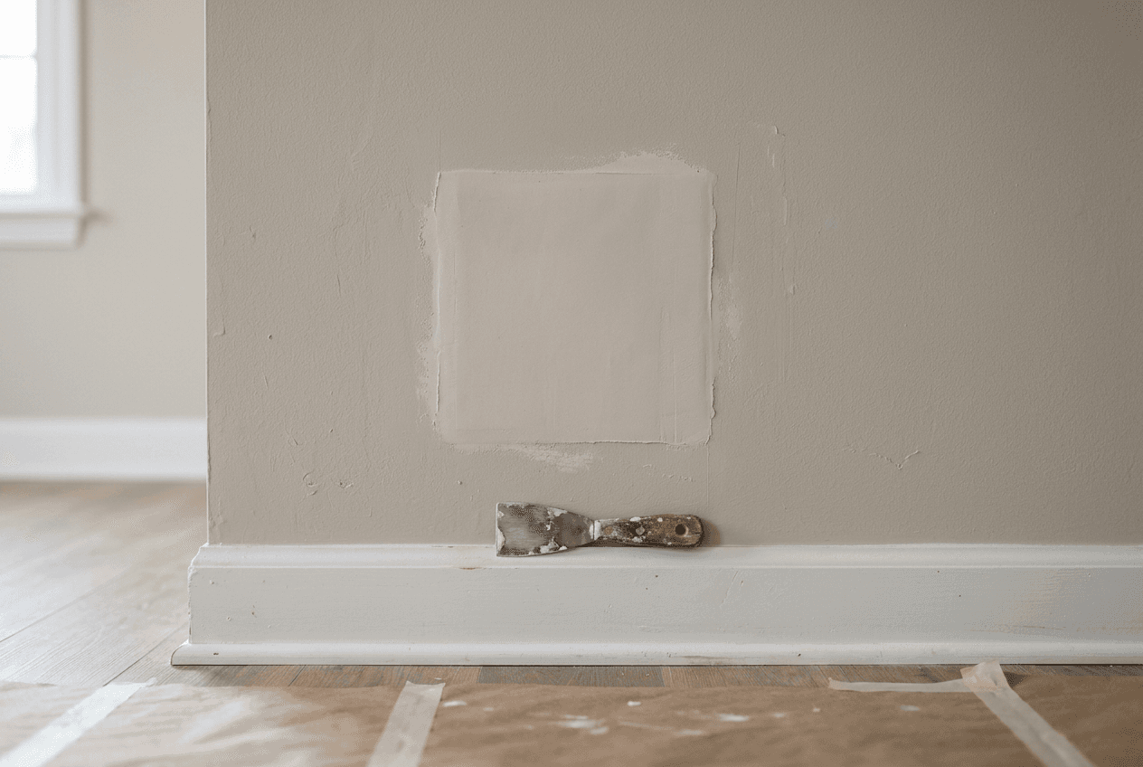 A small smooth drywall patch on a painted wall, with a putty knife resting on the baseboard and paper protecting the floor below