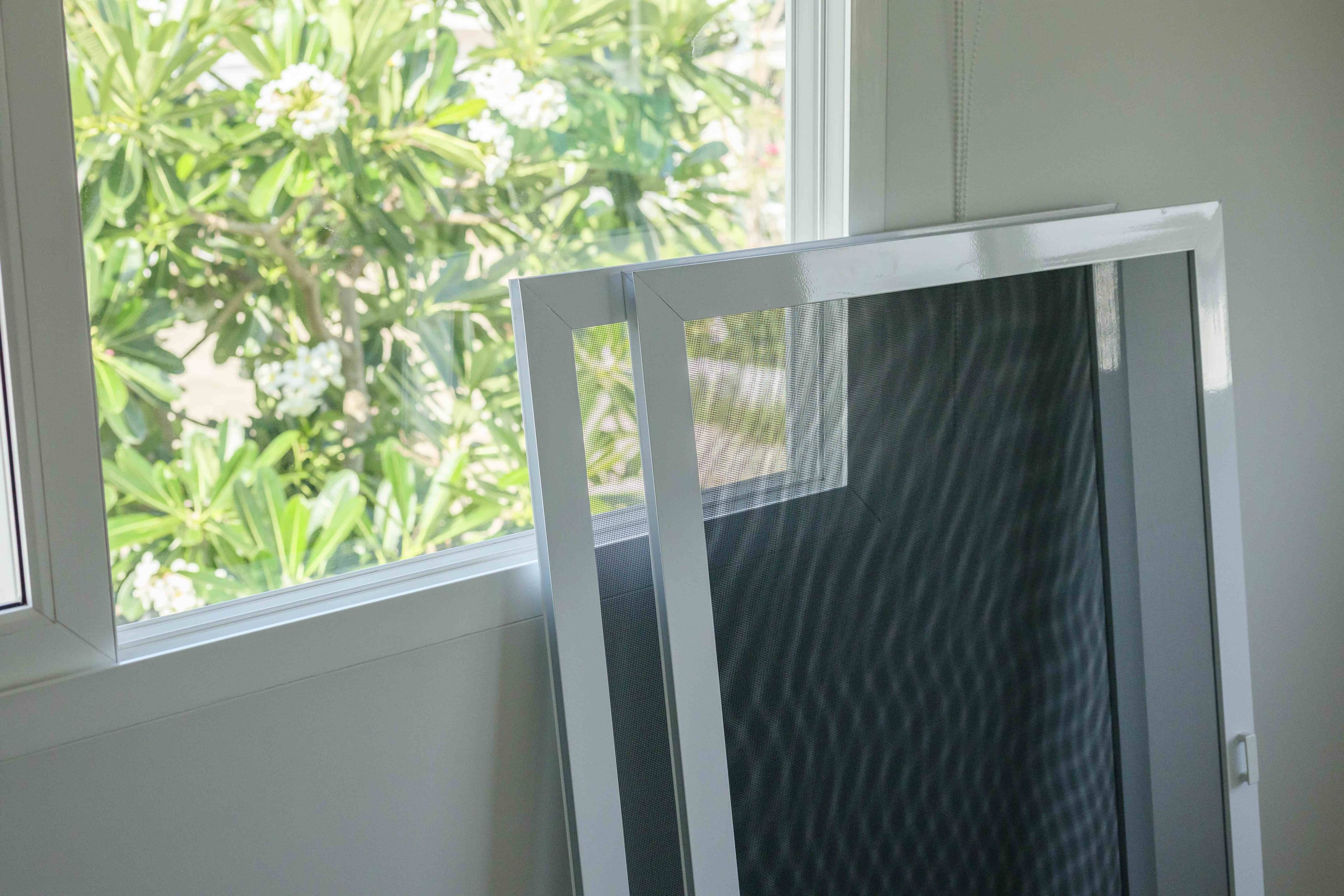A removable window screen frame with mesh being lifted away from a window opening, with green foliage visible through the glass