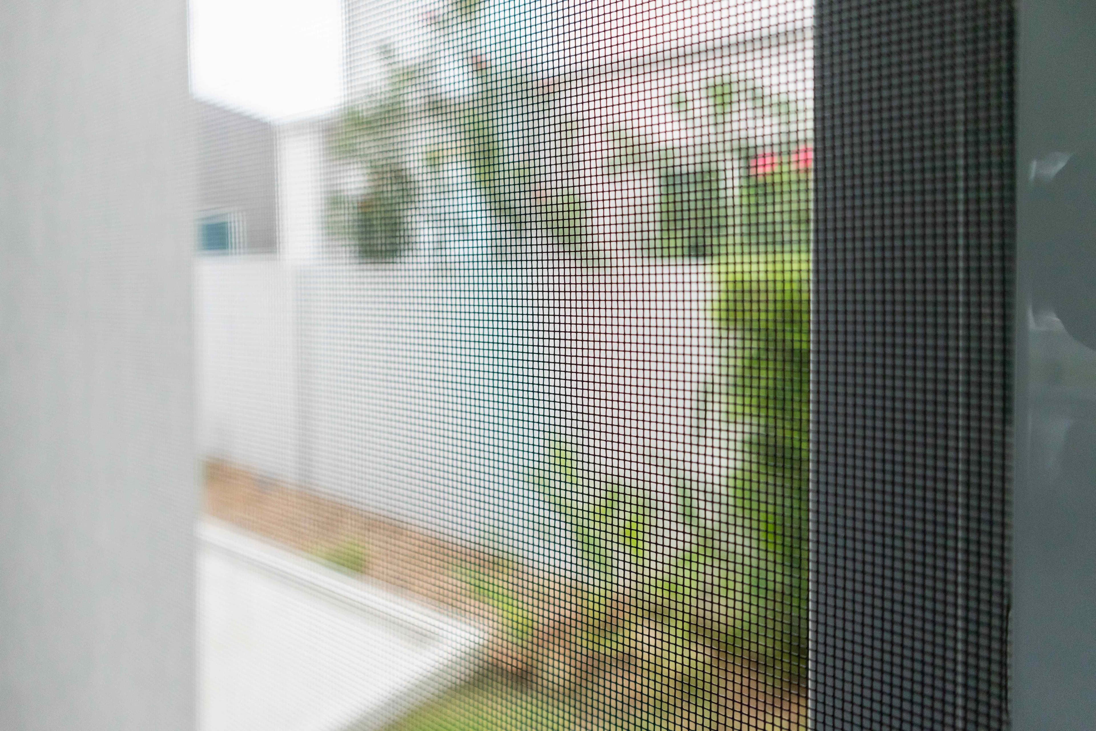 Close-up view of window screen mesh weave with a blurred window and greenery visible through the material