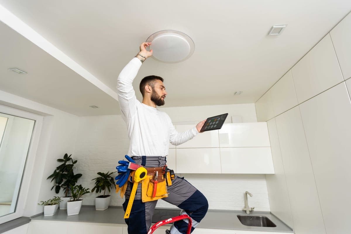 Person on a step ladder installing a ceiling light fixture in a bright kitchen while holding a tablet