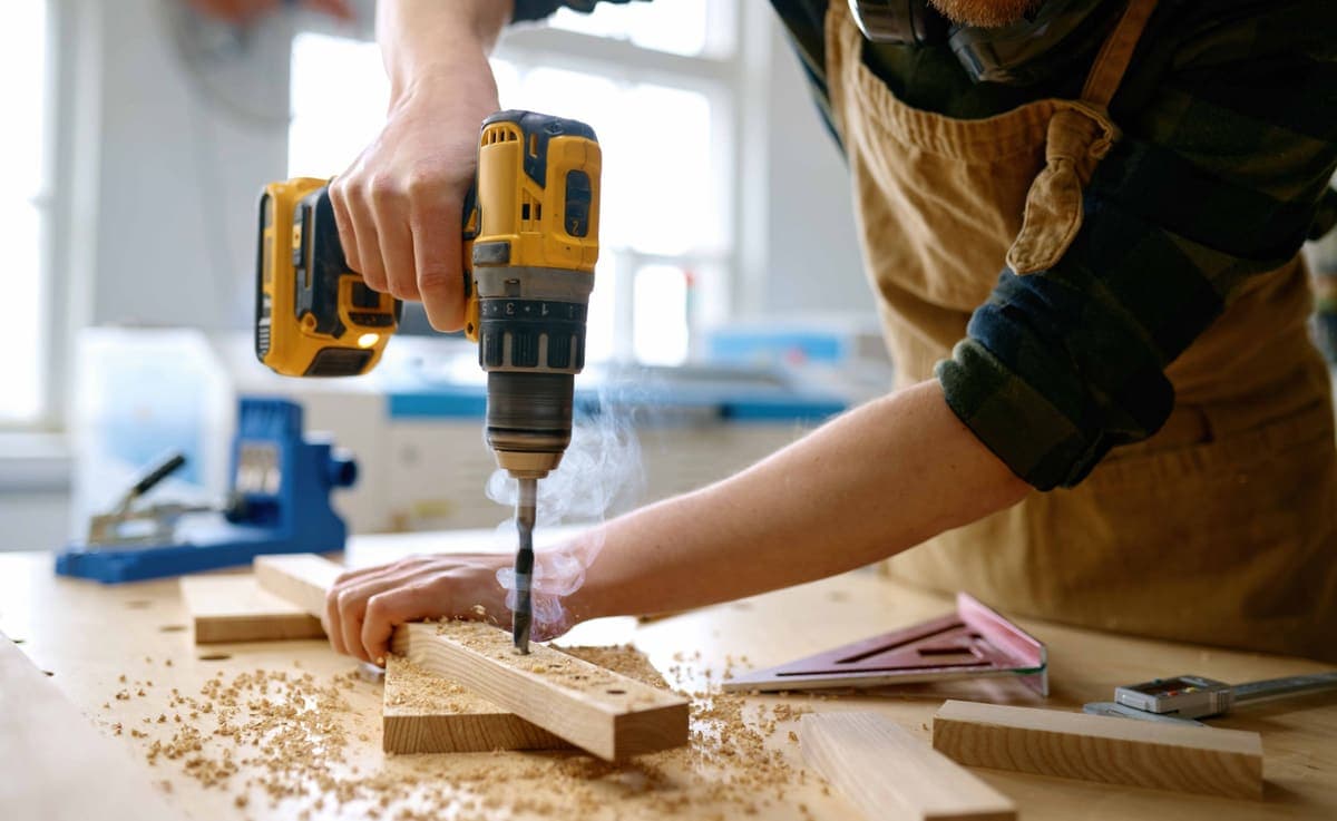Hands guiding a cordless drill into a wooden board on a workbench scattered with sawdust