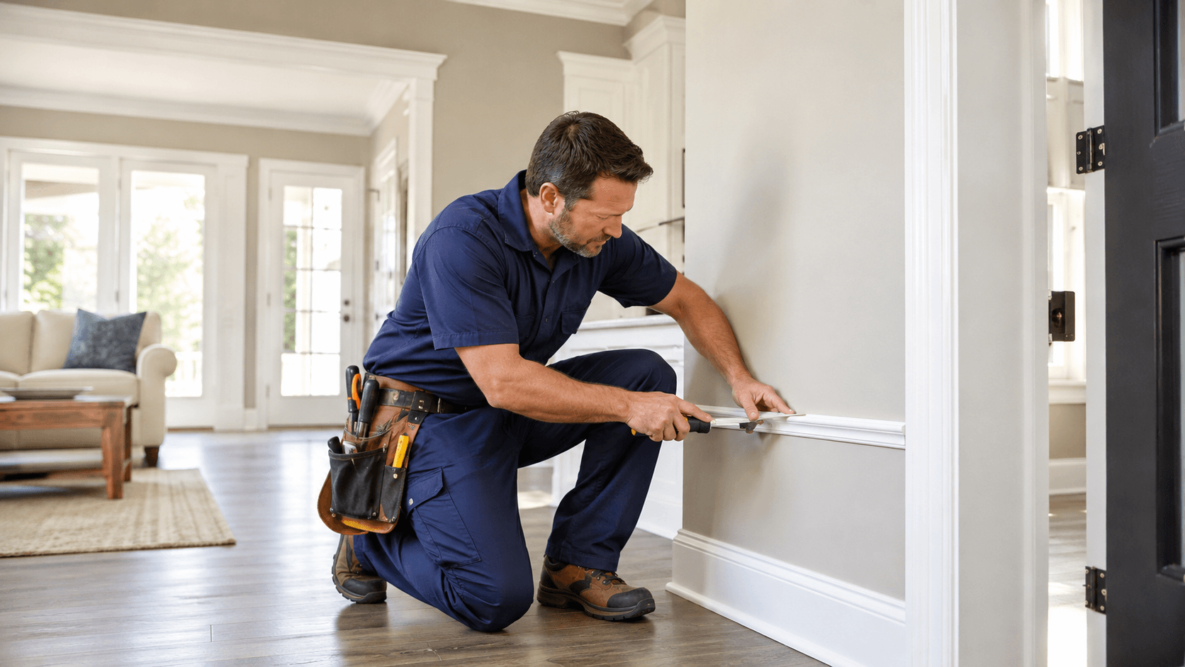 Person kneeling to adjust white baseboard trim along a wall in a living room