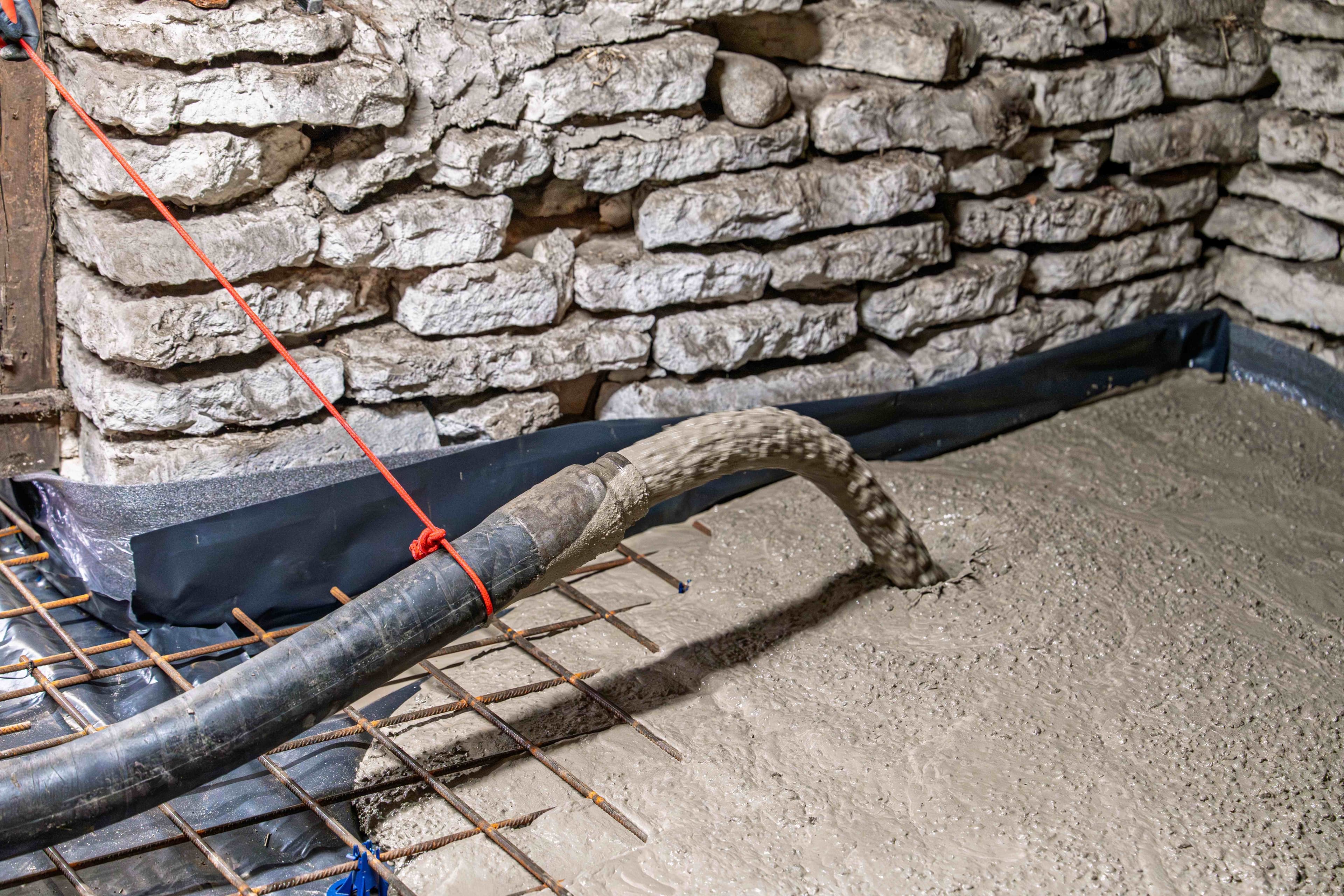 Concrete pour with rebar reinforcement for flatwork