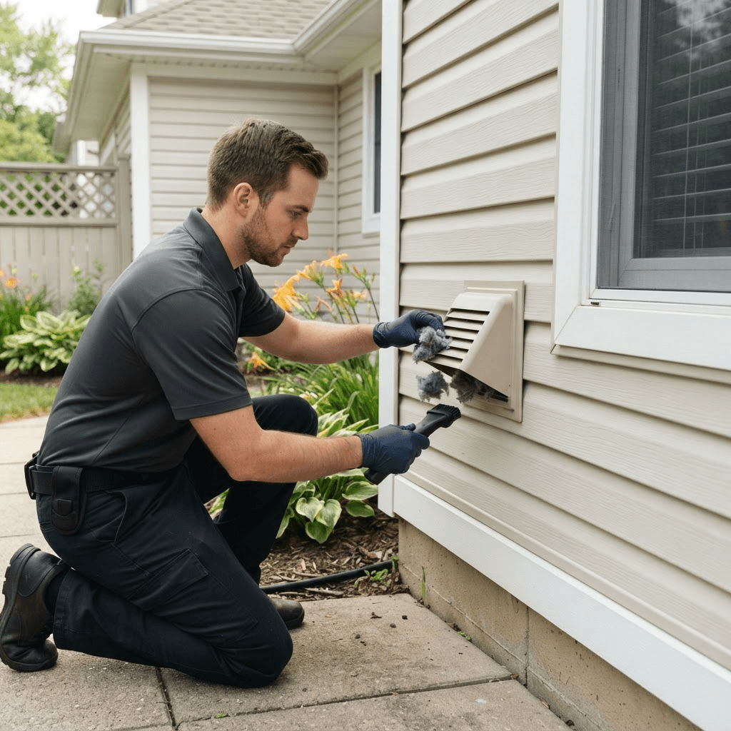 A gloved technician kneeling outside a home to clean lint from an exterior dryer vent cover mounted on vinyl siding.