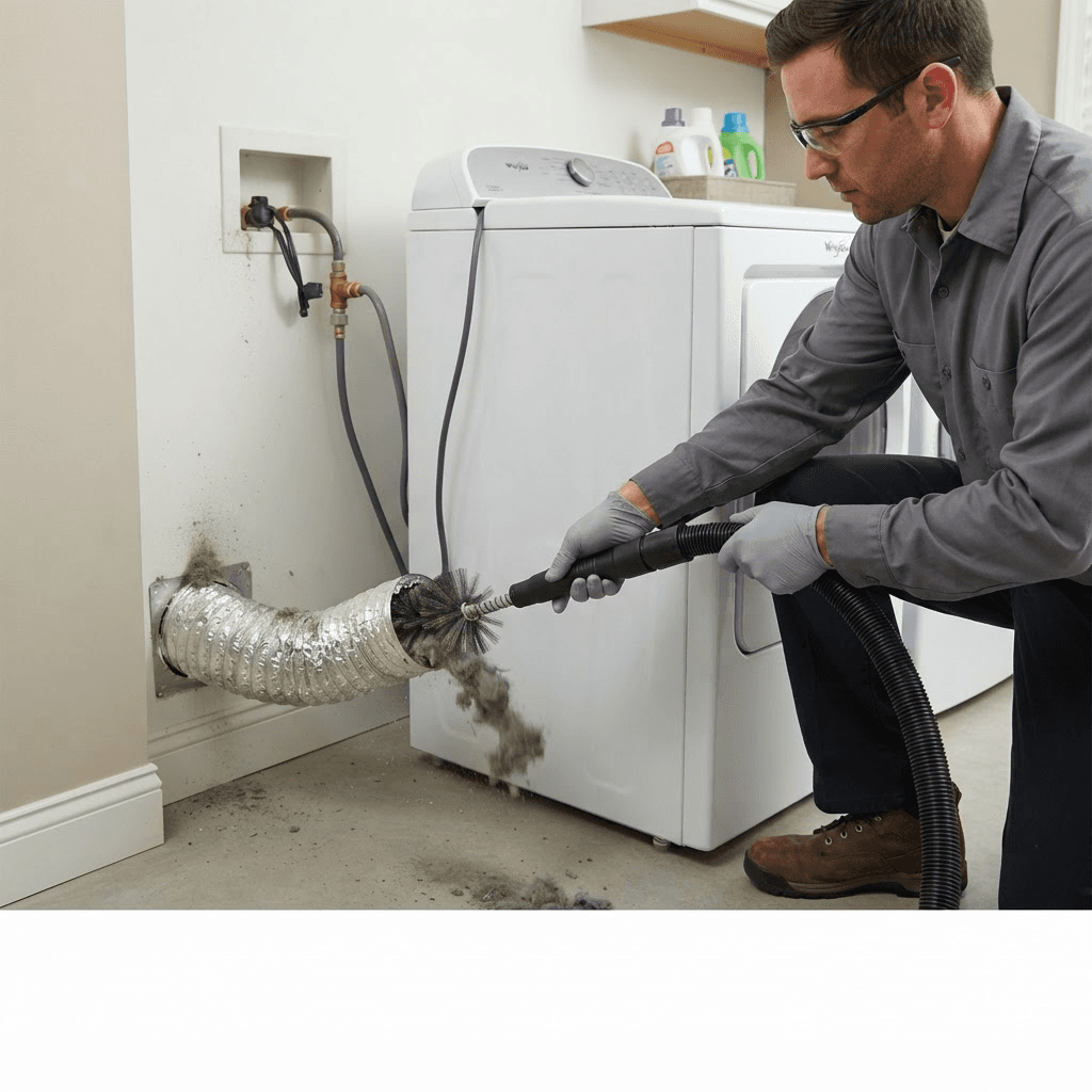 Technician cleaning lint and debris from an accessible flexible dryer exhaust duct