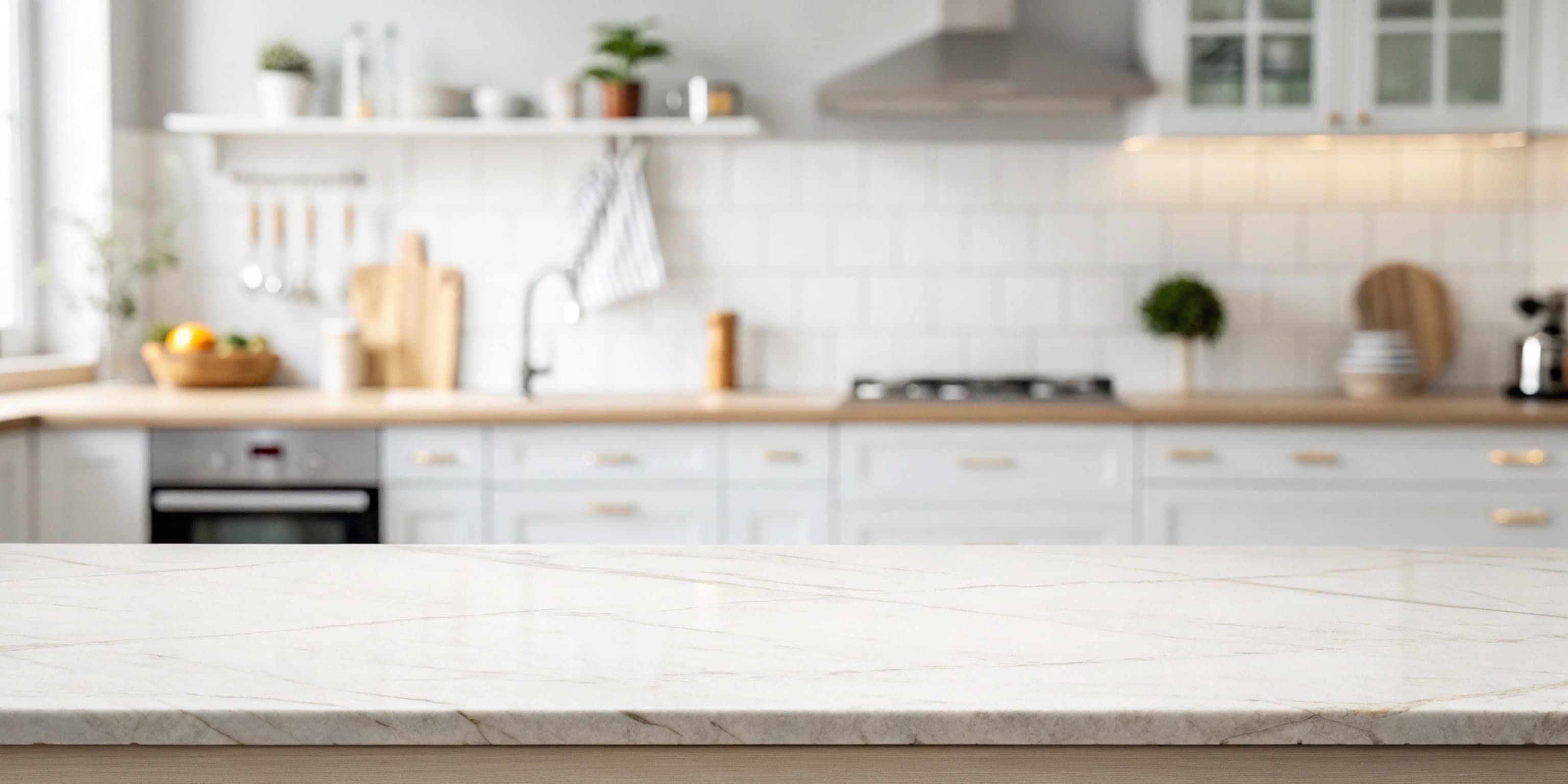 A bright kitchen with a marble-look tile backsplash, white cabinets, and a light countertop.