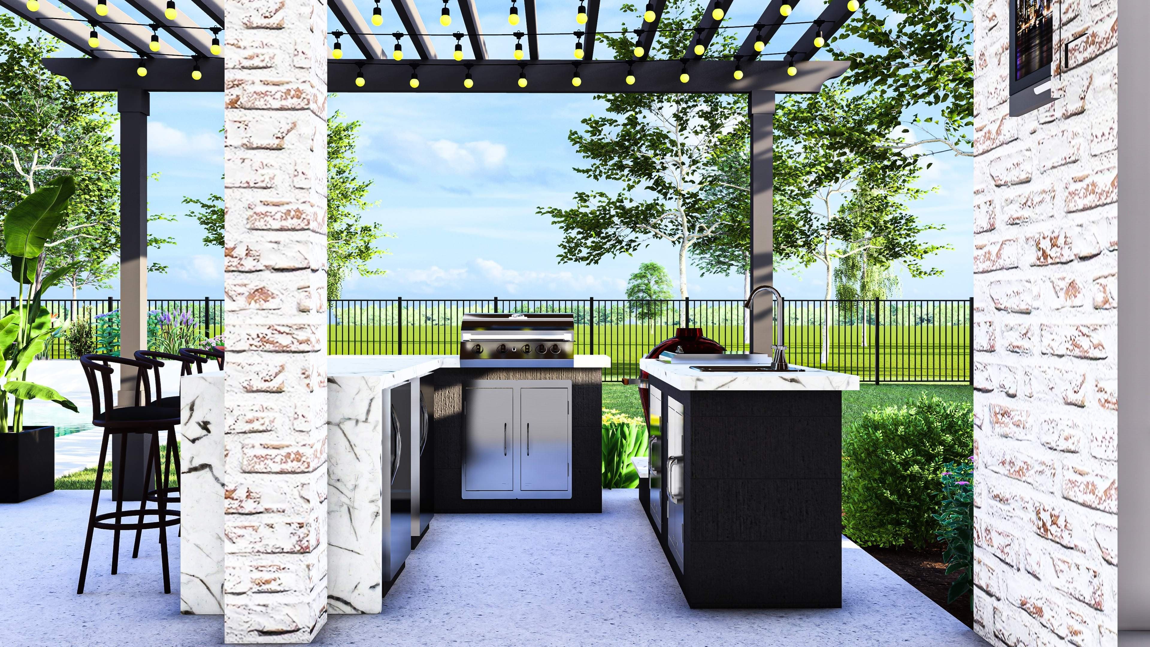 Outdoor kitchen setup under a modern black pergola with yellow integrated lighting, featuring a built-in grill, black cabinetry, white marble countertop, and bar-height seating