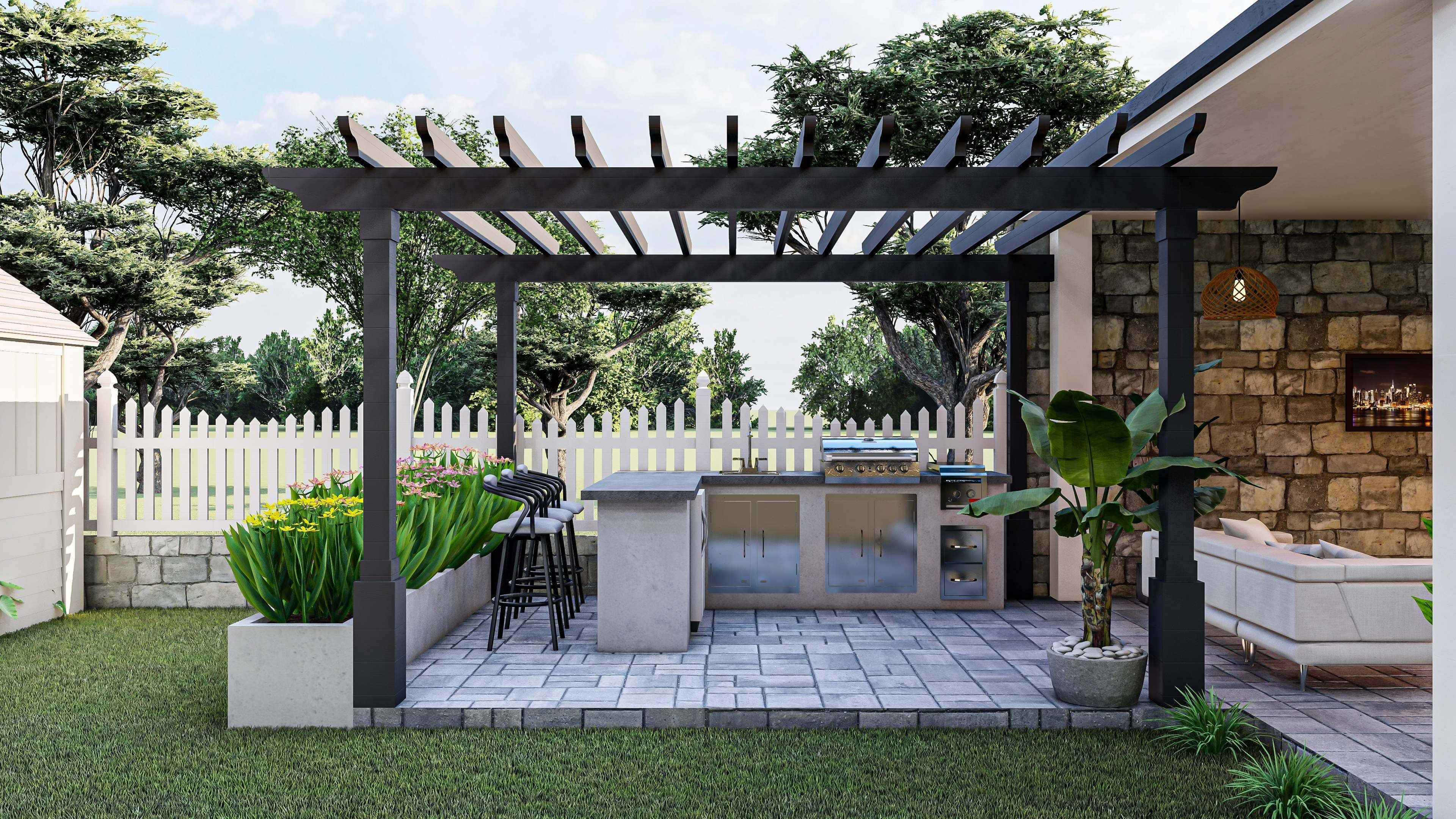 Pergola covering a patio and outdoor kitchen area