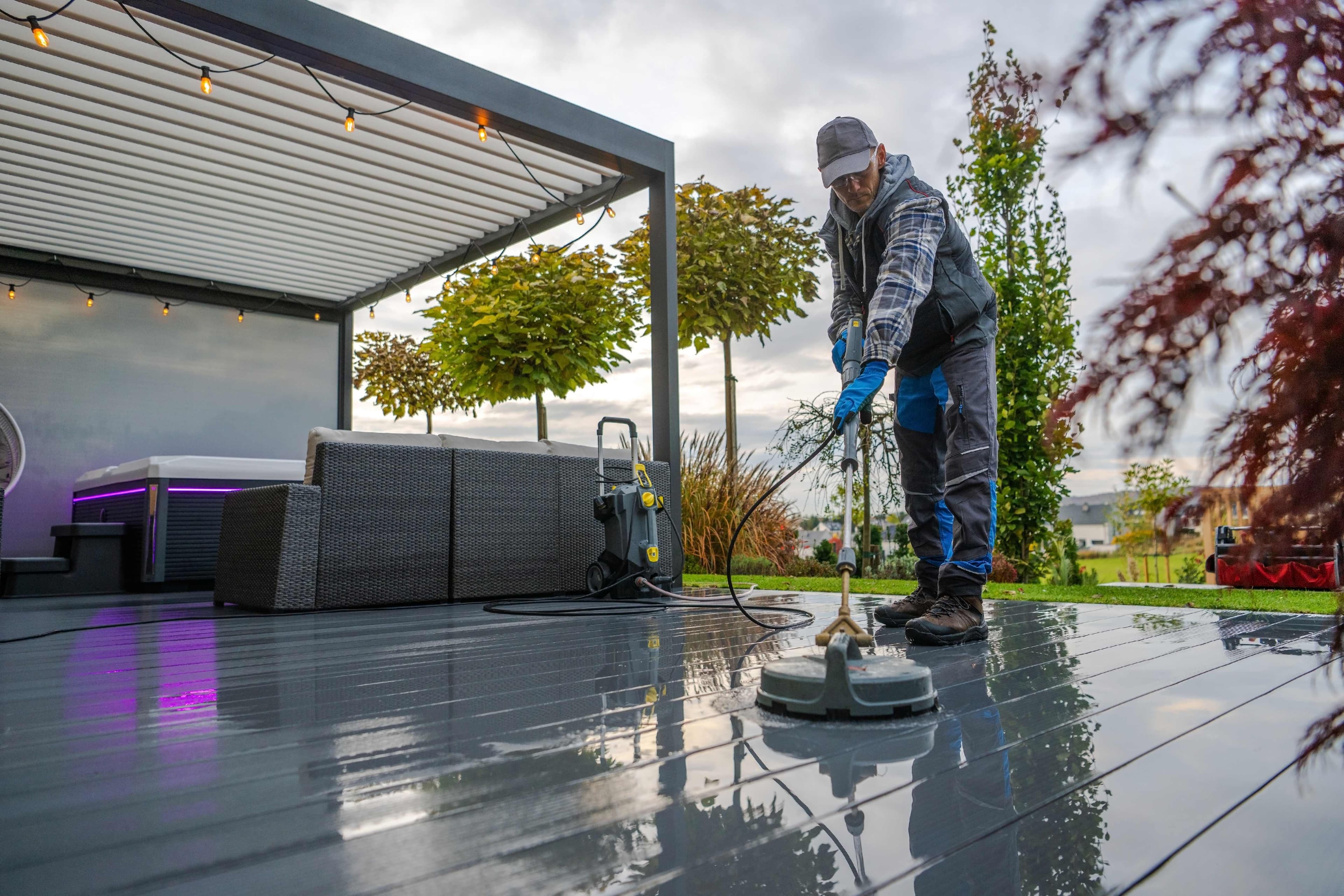 A worker using a rotary surface cleaner attachment to pressure wash a residential composite deck near an outdoor seating area.