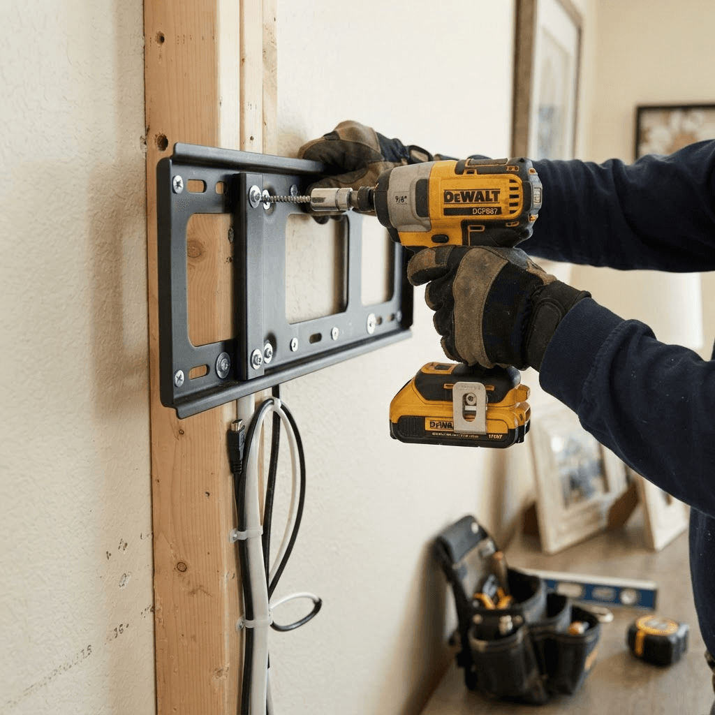 A close-up of a flat-screen TV bracket being secured to wood wall framing with a cordless impact driver.