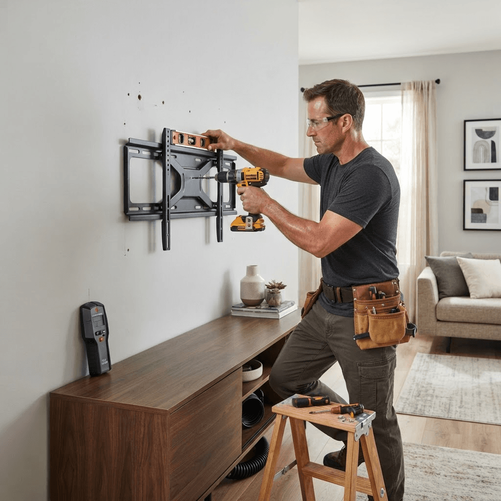 Professional installing a flat-screen television wall mount on drywall