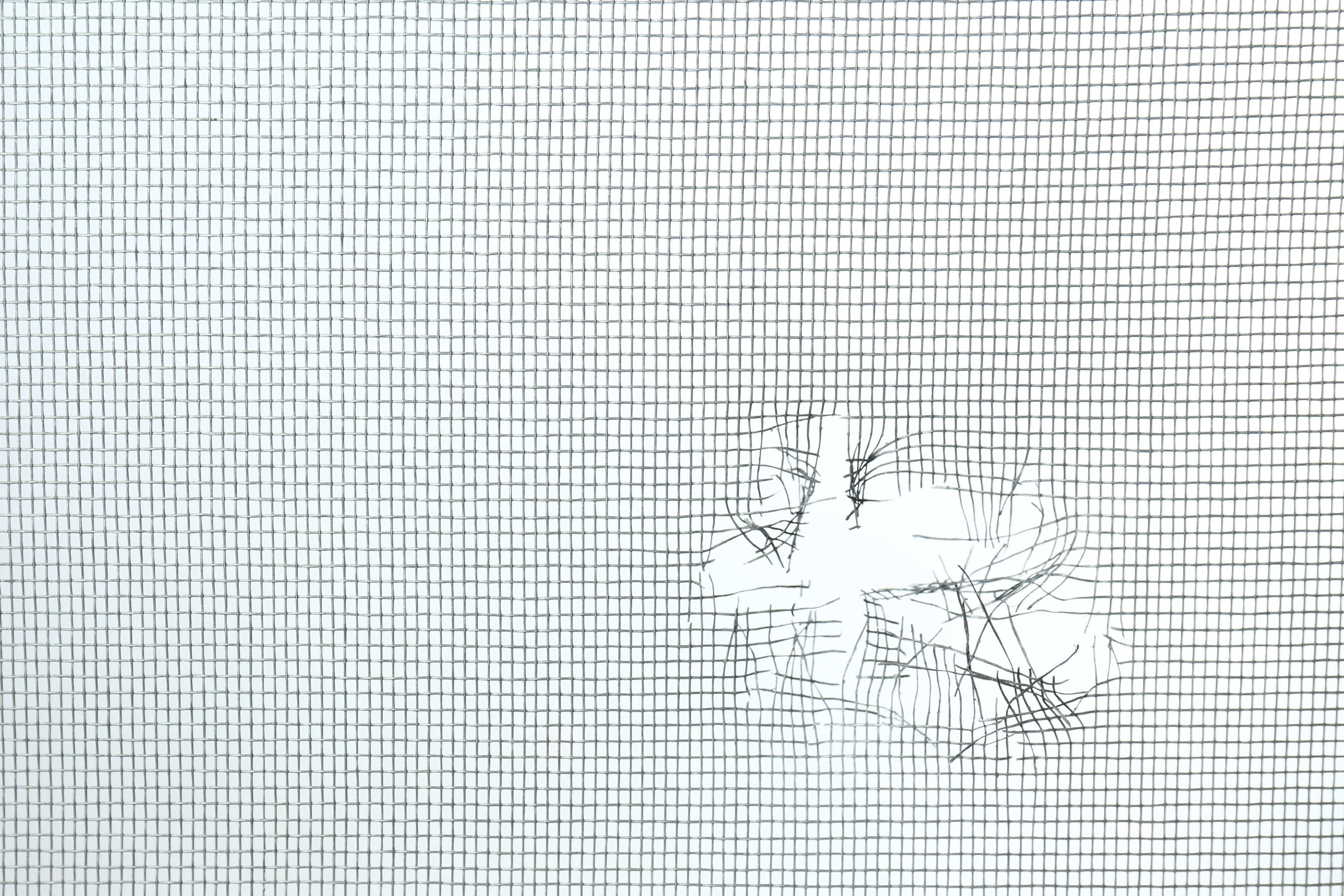 Close-up of a hole in residential window screen mesh