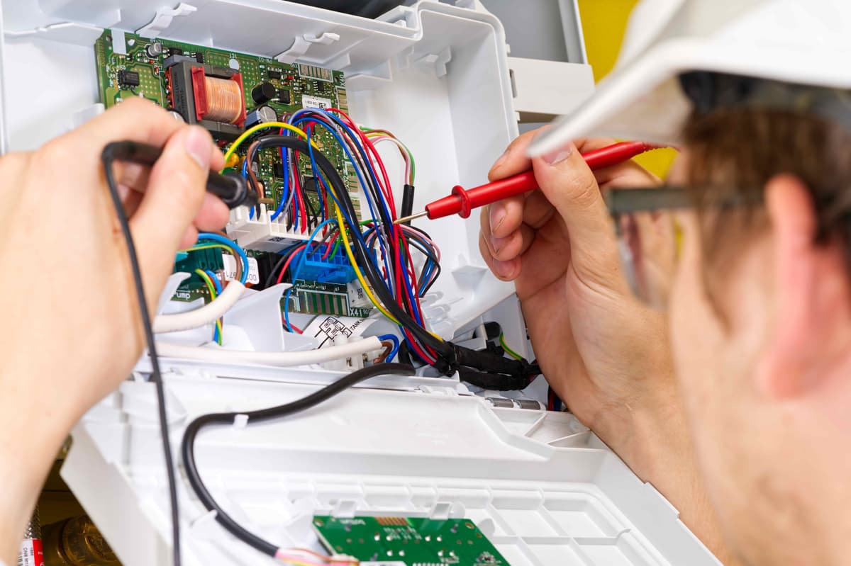 Technician testing and inspecting electrical panel with multimeter and probes