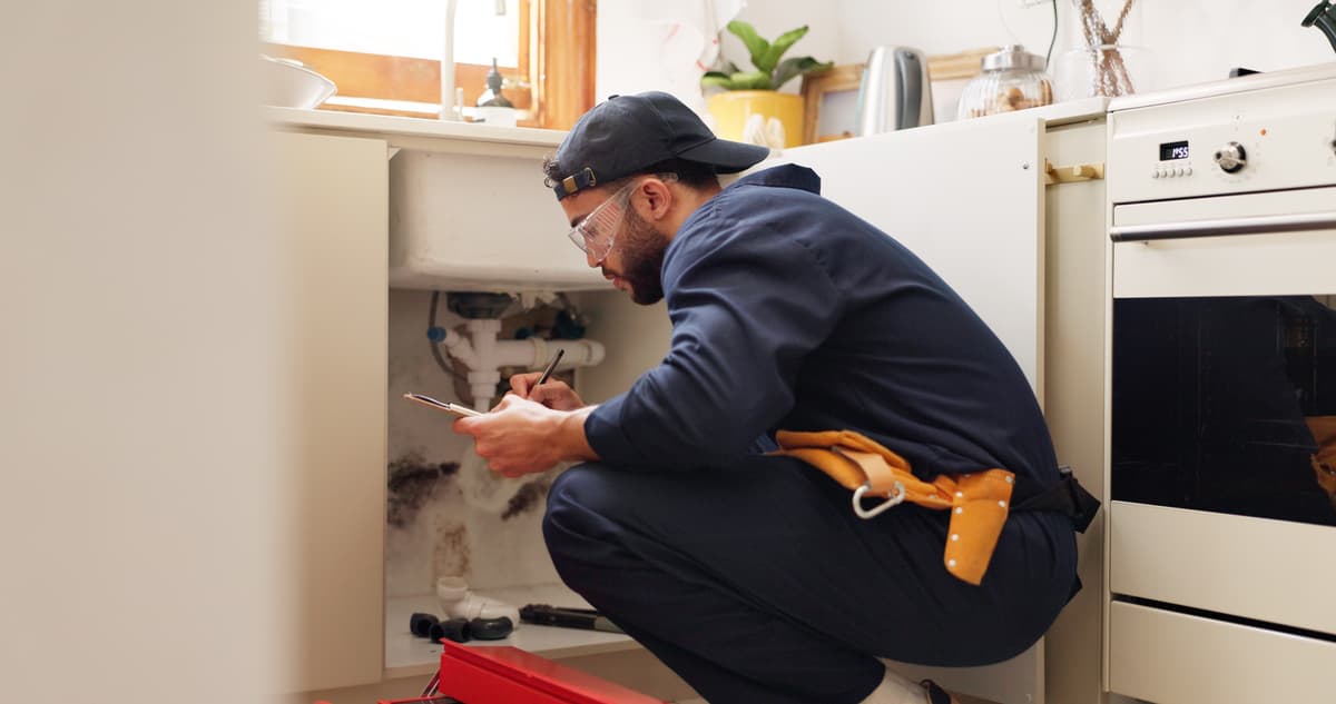 Plumber inspecting and documenting plumbing connections under bathroom sink